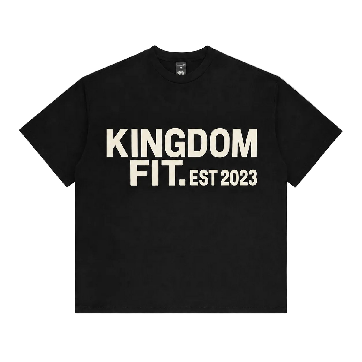 A black short-sleeve crewneck T-shirt with 'KINGDOM FIT. EST 2023' printed in bold cream-colored letters across the chest, displayed flat against a light gray background.